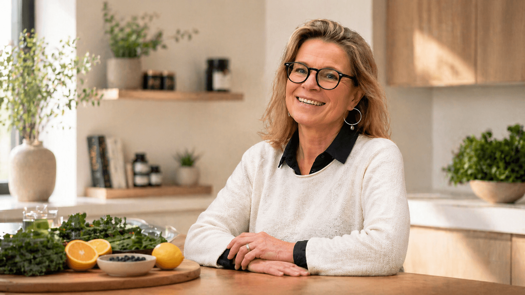 Smiling woman with glasses sits at a kitchen counter, hands folded, with citrus and greens on a cutting board in front of her.