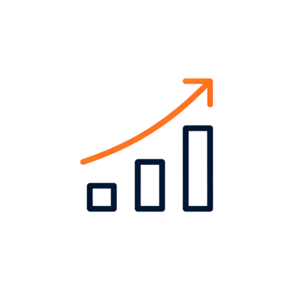 Rising bar chart icon with three blue bars and an orange upward arrow indicating growth or progress.