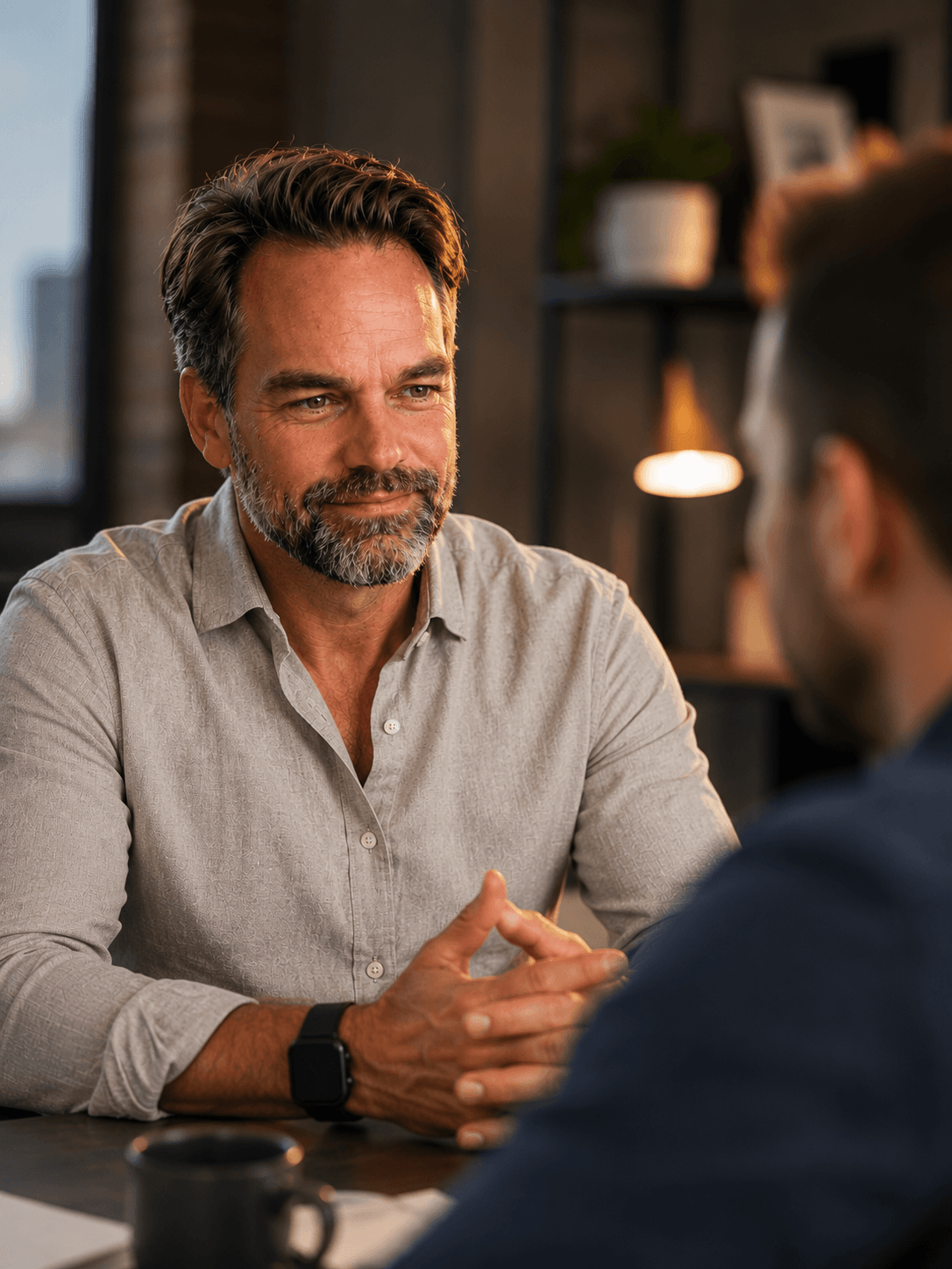 Two men in a business meeting at a desk, one smiling with a gray shirt and beard, warm office lighting.