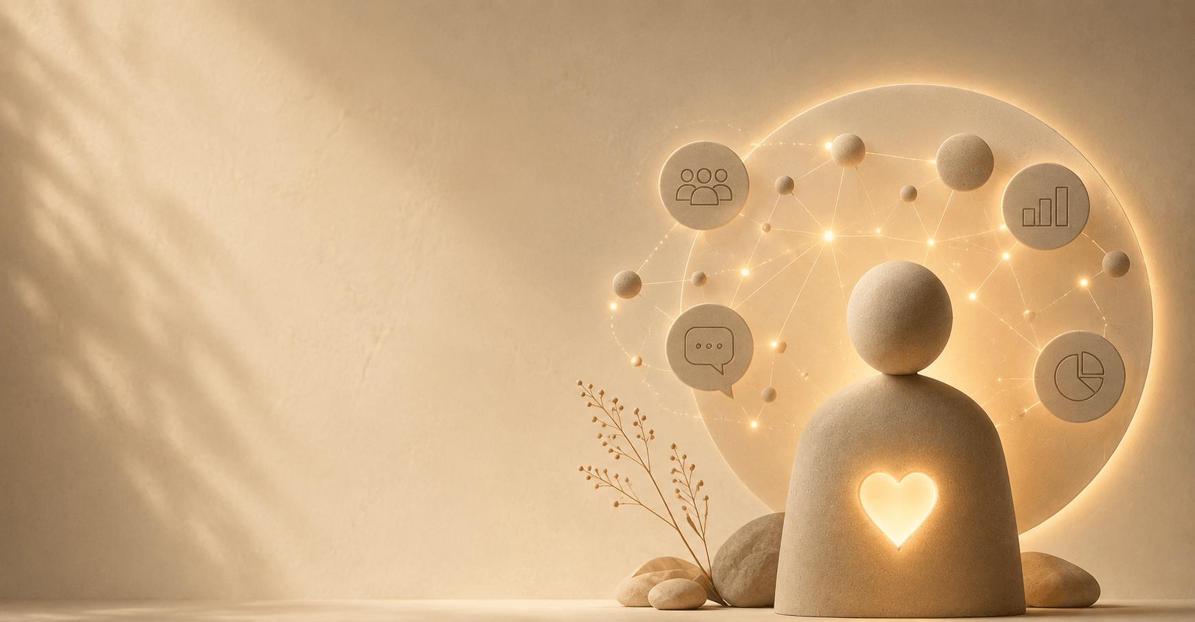 heeltreffend-klantinzicht (1) Abstract figure with a glowing heart, connected to a network of nodes and data icons, symbolizing compassionate analytics.