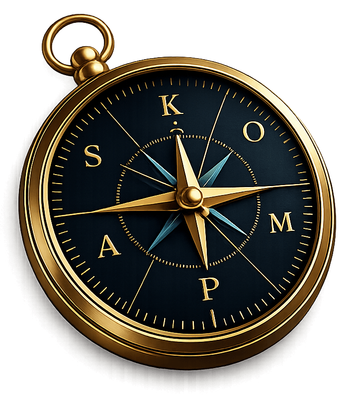 Gold pocket watch with a dark blue dial, compass-style gold hands, on a black background.