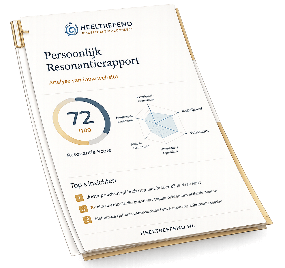 Tilted report cover: 'Persoonlijk Resonantierapport' with a 72/100 score and a radar chart, logo above.